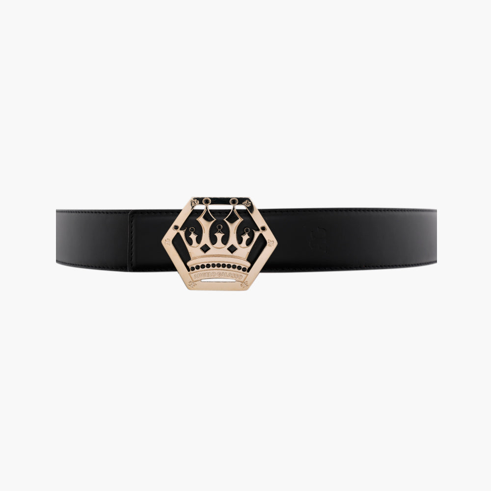 Gold Calfskin Belt with Crown Logo Buckle - AG25WCCOL01
