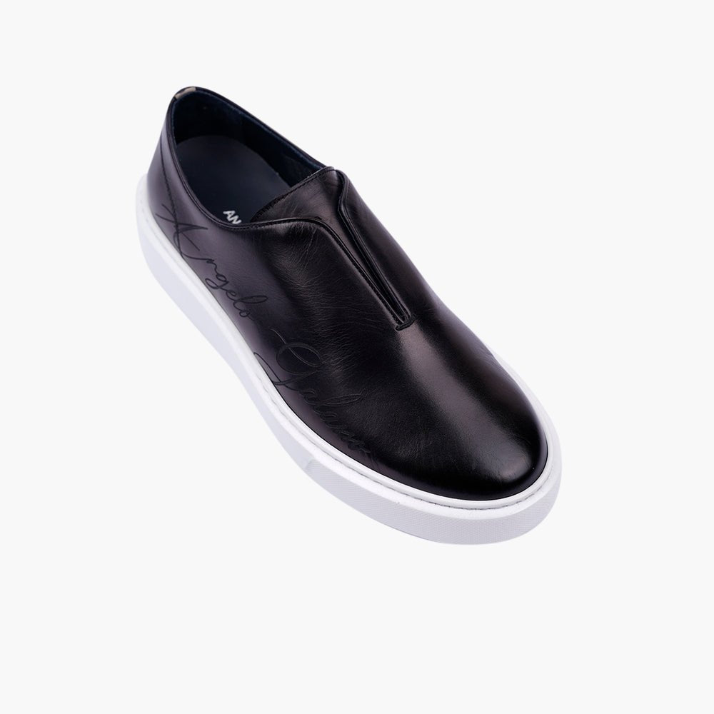 Black Signature Calf Leather Slip-on Shoes - Angelo Galasso - Luxury Italian Menswear London
