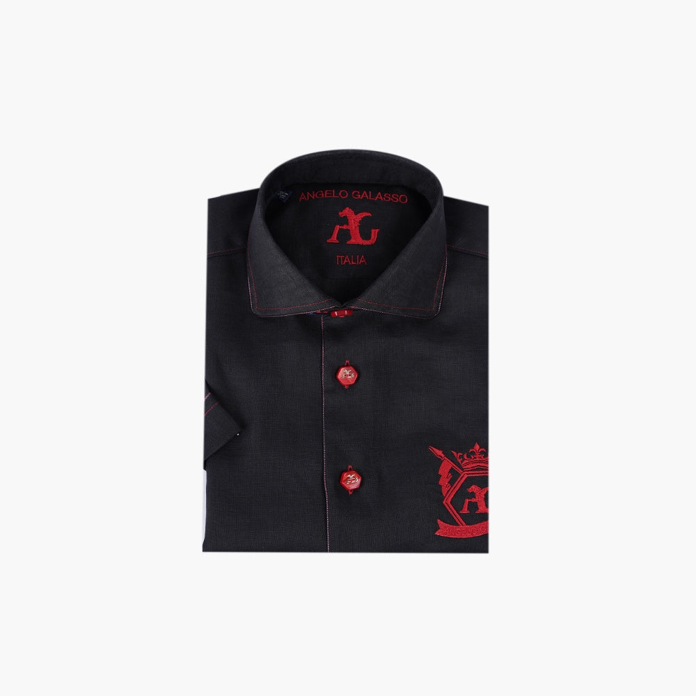 Black & Red Linen Short Sleeve Shirt - Angelo Galasso