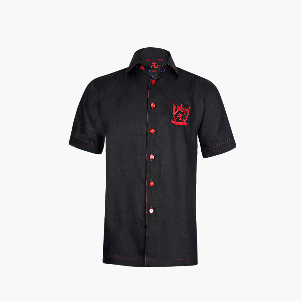 Black & Red Linen Short Sleeve Shirt - Angelo Galasso