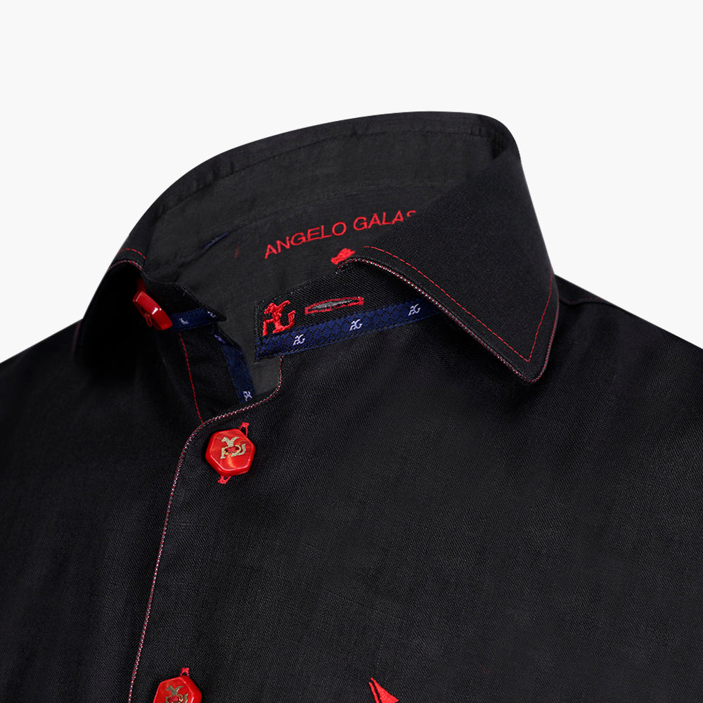 Black & Red Linen Short Sleeve Shirt - Angelo Galasso