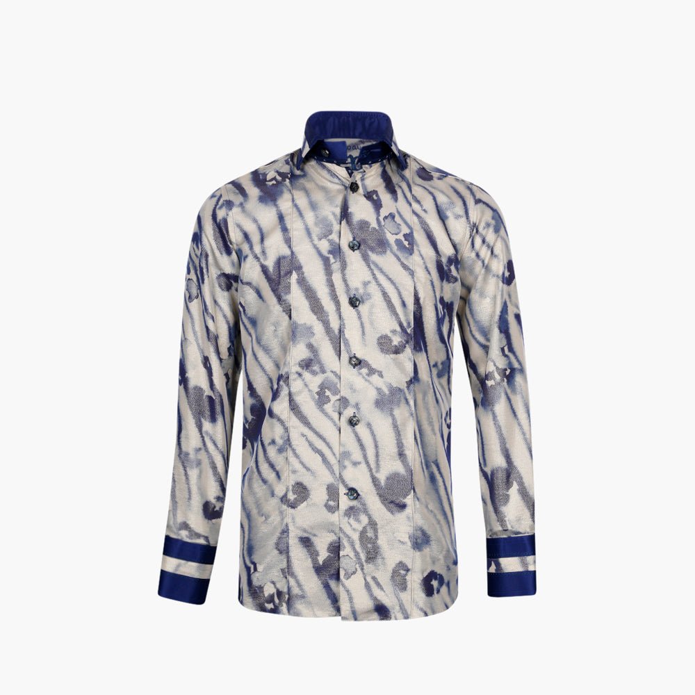 Blue & Gold Silk Blend Printed Shirt - Angelo Galasso - Luxury Italian Menswear London