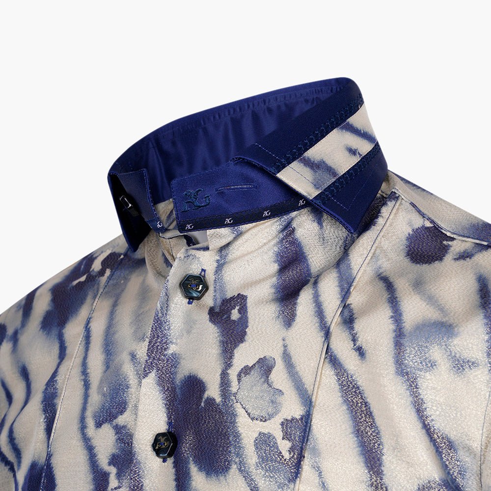 Blue & Gold Silk Blend Printed Shirt - Angelo Galasso - Luxury Italian Menswear London