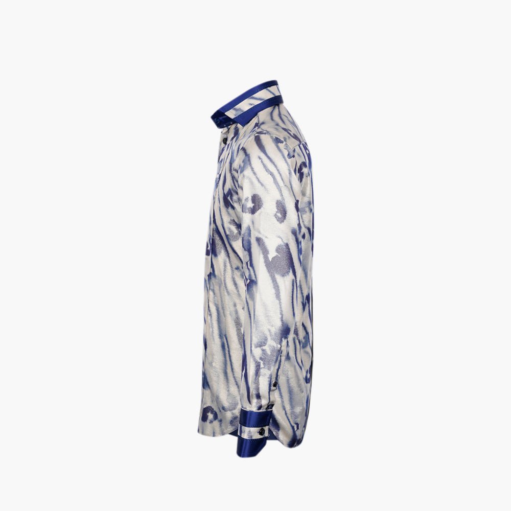 Blue & Gold Silk Blend Printed Shirt - Angelo Galasso - Luxury Italian Menswear London