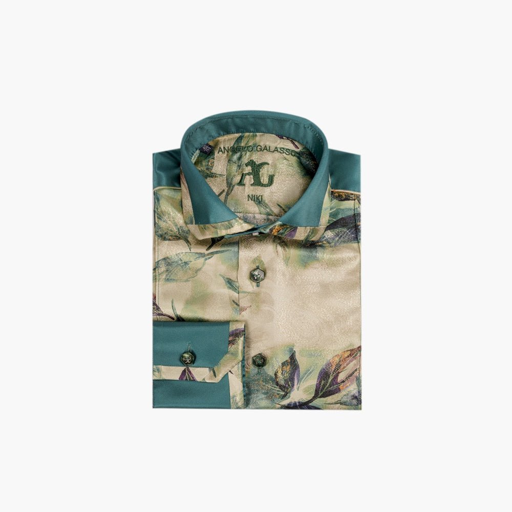 Beige & Green Niki Silk Shirt. - Angelo Galasso - Luxury Italian Menswear London