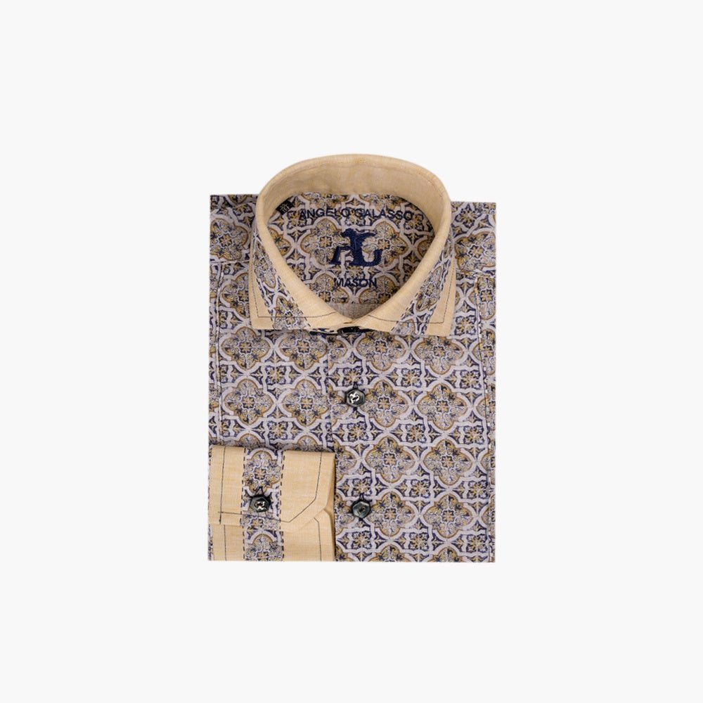 Yellow & Beige Geometric Linen Mason Shirt - Angelo Galasso - Luxury Italian Menswear London