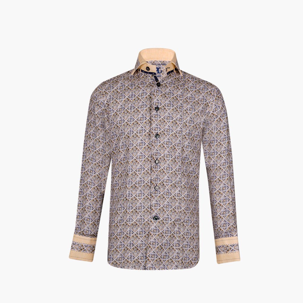 Yellow & Beige Geometric Linen Mason Shirt - Angelo Galasso - Luxury Italian Menswear London
