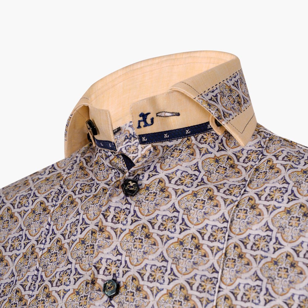 Yellow & Beige Geometric Linen Mason Shirt - Angelo Galasso - Luxury Italian Menswear London