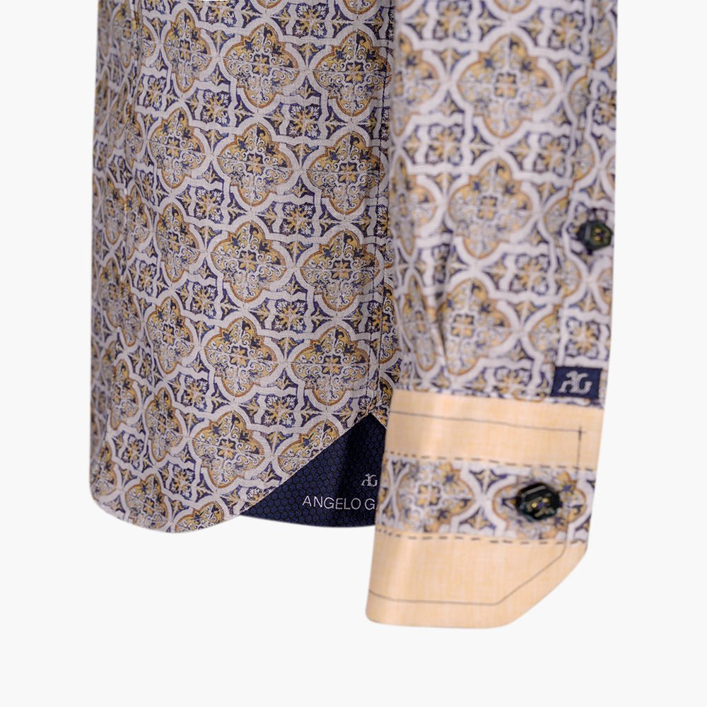 Yellow & Beige Geometric Linen Mason Shirt - Angelo Galasso - Luxury Italian Menswear London