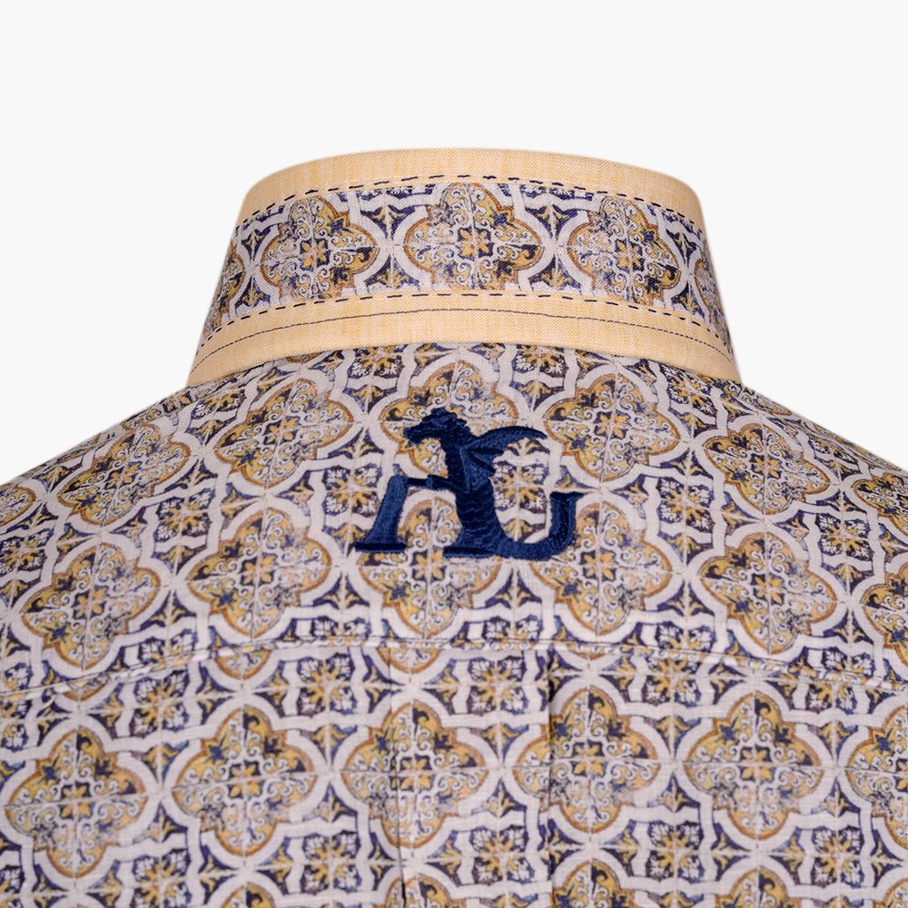 Yellow & Beige Geometric Linen Mason Shirt - Angelo Galasso - Luxury Italian Menswear London