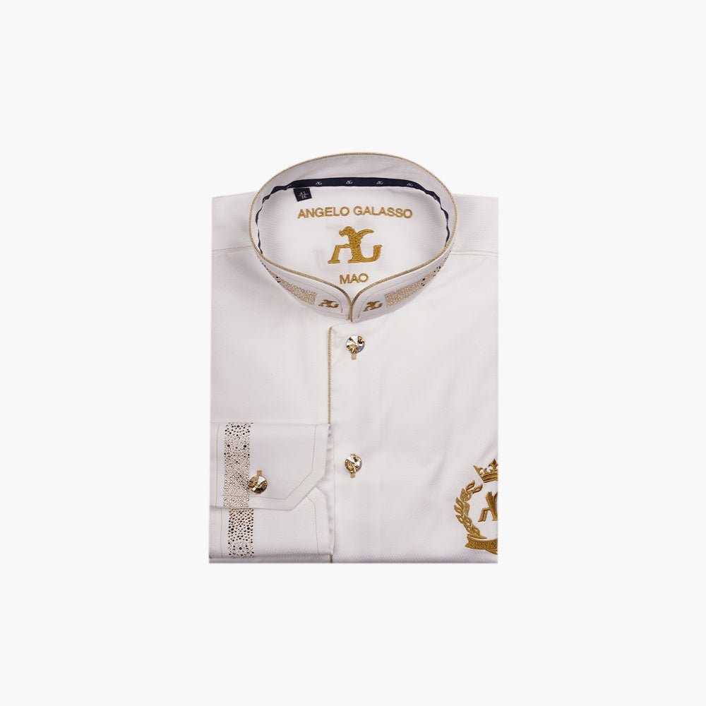 White Crystal Embellished Mao Shirt - Angelo Galasso - Luxury Italian Menswear London