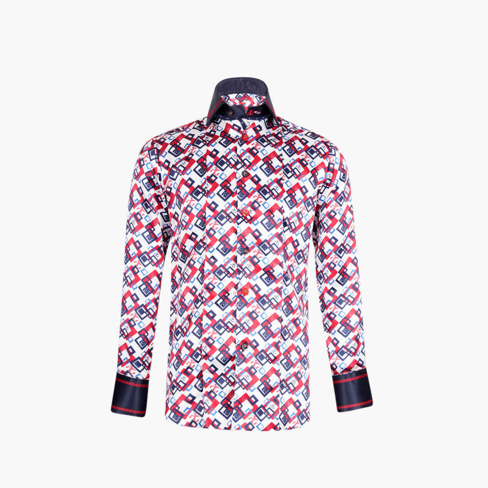 Blue & Red Custom-Printed Silk Mason Shirt