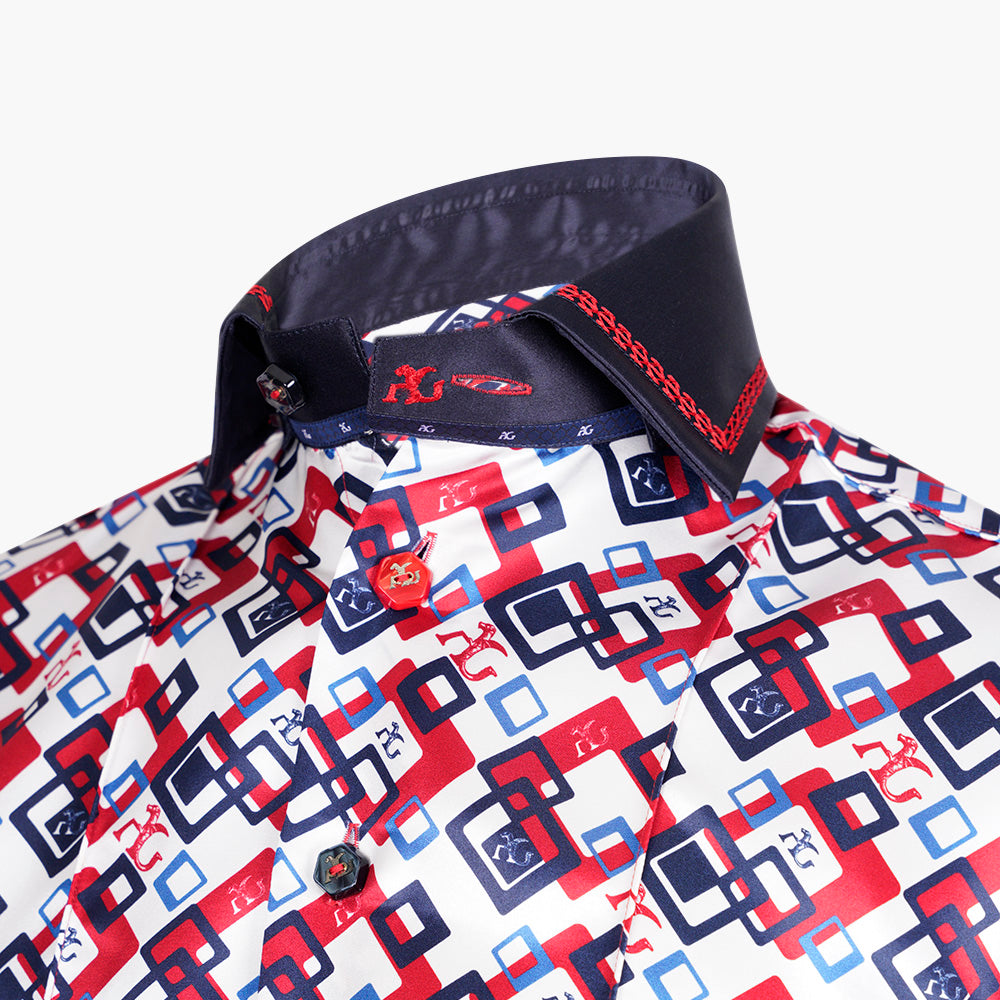 Blue & Red Custom-Printed Silk Mason Shirt