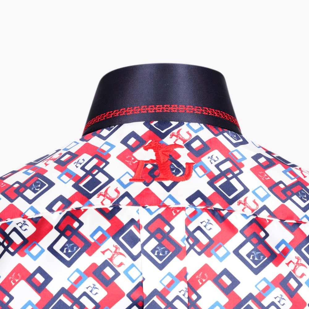 Blue & Red Custom-Printed Silk Mason Shirt