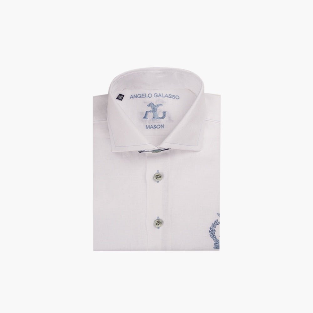 White Linen Mason Short-Sleeve Shirt with Alloro Logo - Angelo Galasso - Luxury Italian Menswear London