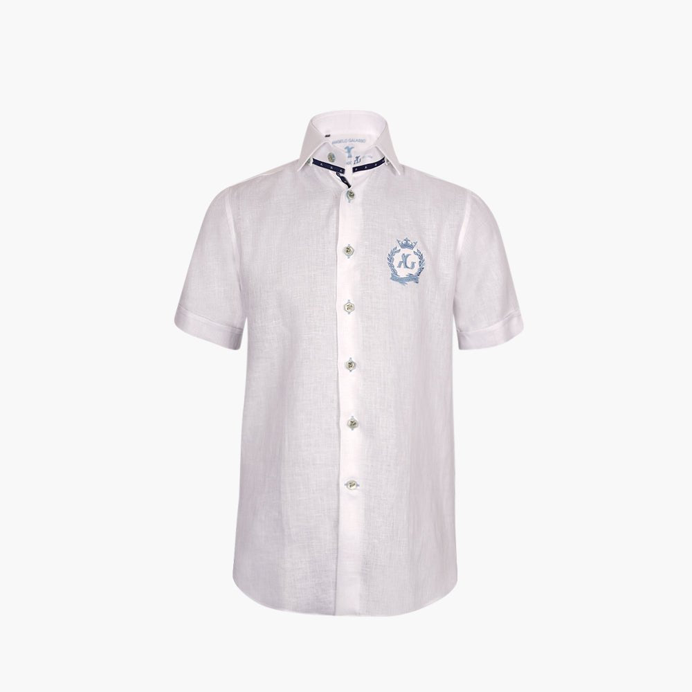 White Linen Mason Short-Sleeve Shirt with Alloro Logo - Angelo Galasso - Luxury Italian Menswear London