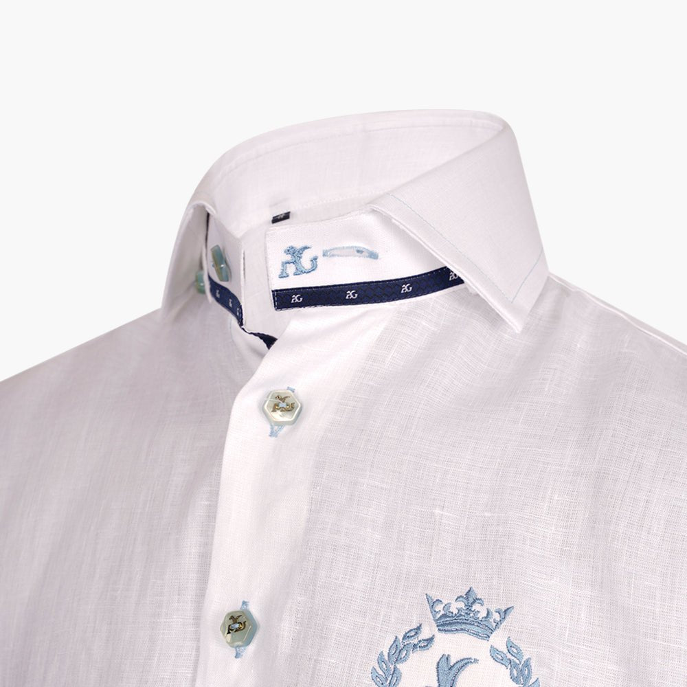 White Linen Mason Short-Sleeve Shirt with Alloro Logo - Angelo Galasso - Luxury Italian Menswear London