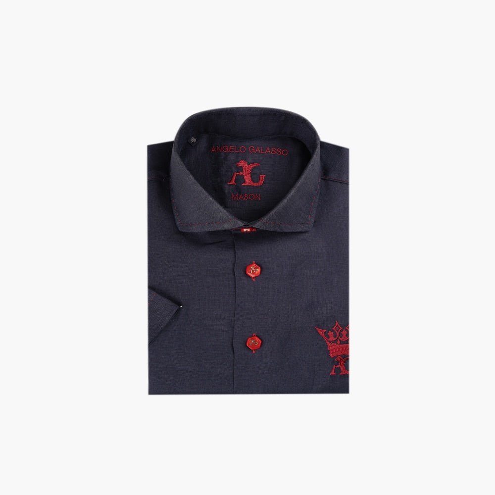 Navy & Red Linen Short-Sleeve Shirt with Crown Logo - Angelo Galasso - Luxury Italian Menswear London