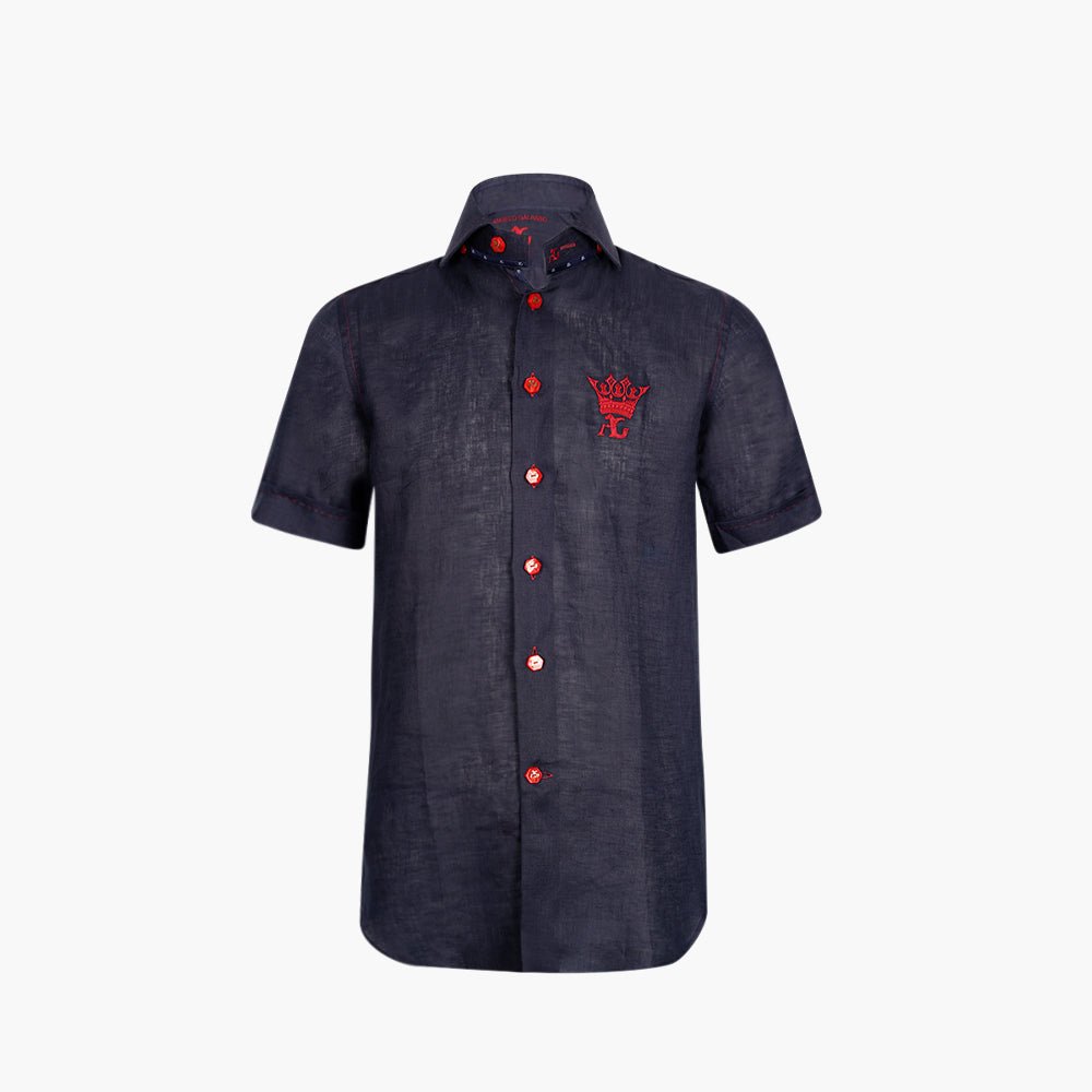 Navy & Red Linen Short-Sleeve Shirt with Crown Logo - Angelo Galasso - Luxury Italian Menswear London