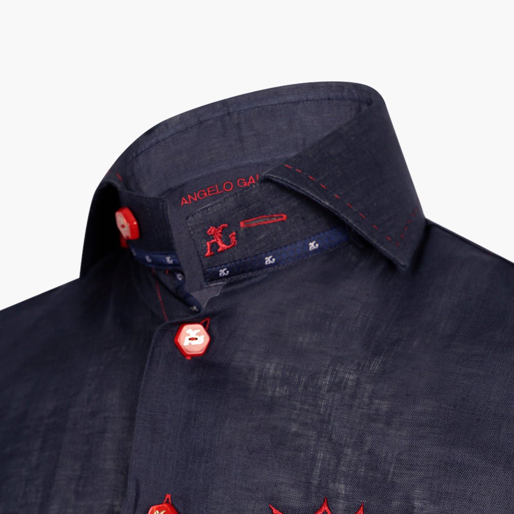 Navy & Red Linen Short-Sleeve Shirt with Crown Logo - Angelo Galasso - Luxury Italian Menswear London