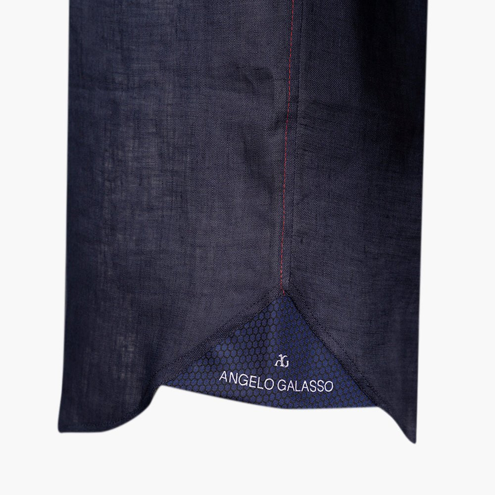 Navy & Red Linen Short-Sleeve Shirt with Crown Logo - Angelo Galasso - Luxury Italian Menswear London