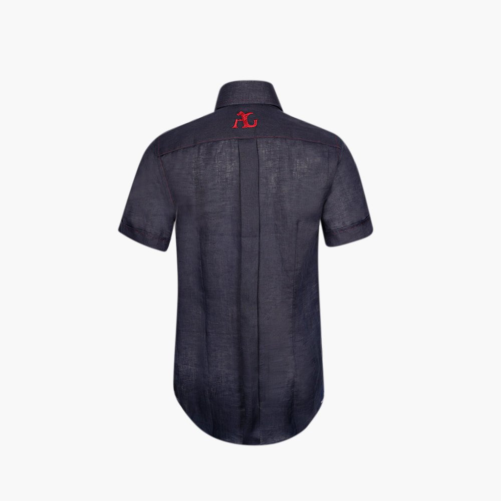 Navy & Red Linen Short-Sleeve Shirt with Crown Logo - Angelo Galasso - Luxury Italian Menswear London