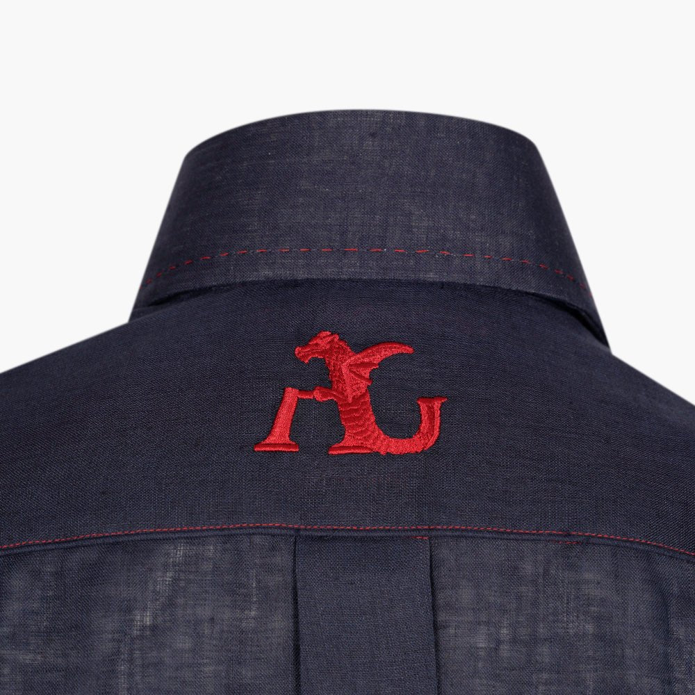 Navy & Red Linen Short-Sleeve Shirt with Crown Logo - Angelo Galasso - Luxury Italian Menswear London