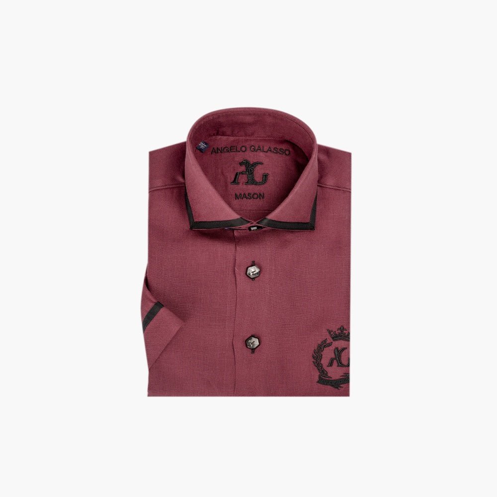 Burgundy & Black Linen Short Sleeve Shirt - Angelo Galasso - Luxury Italian Menswear London