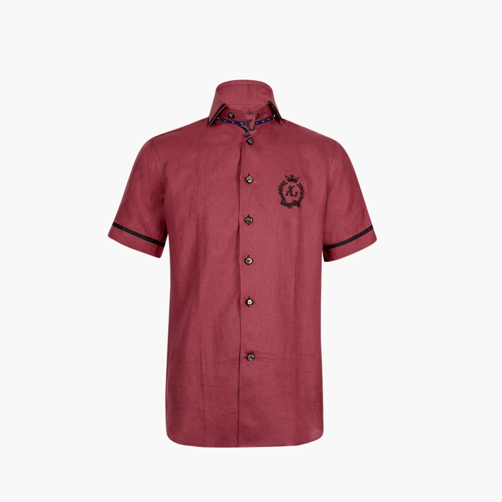 Burgundy & Black Linen Short Sleeve Shirt - Angelo Galasso - Luxury Italian Menswear London