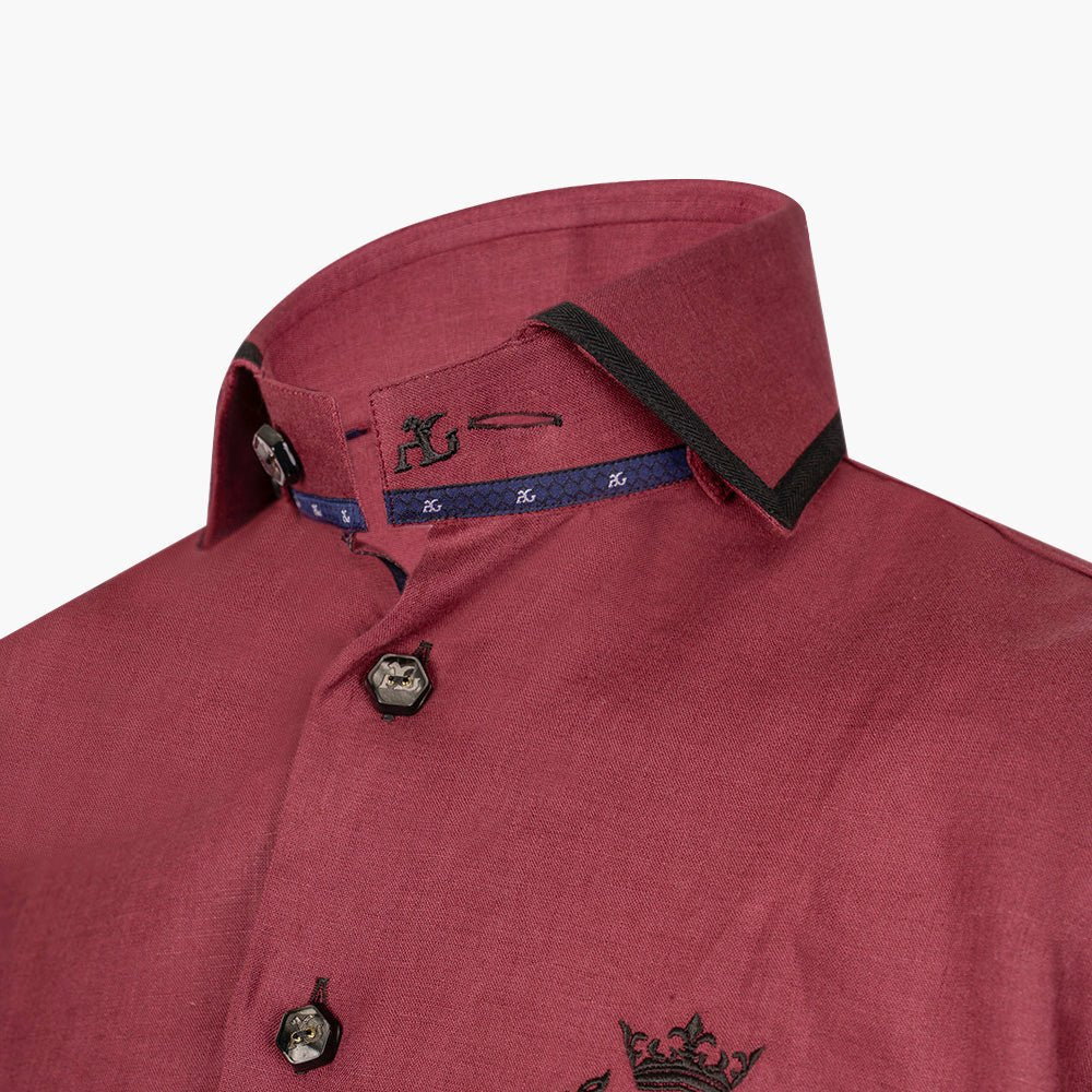 Burgundy & Black Linen Short Sleeve Shirt - Angelo Galasso - Luxury Italian Menswear London