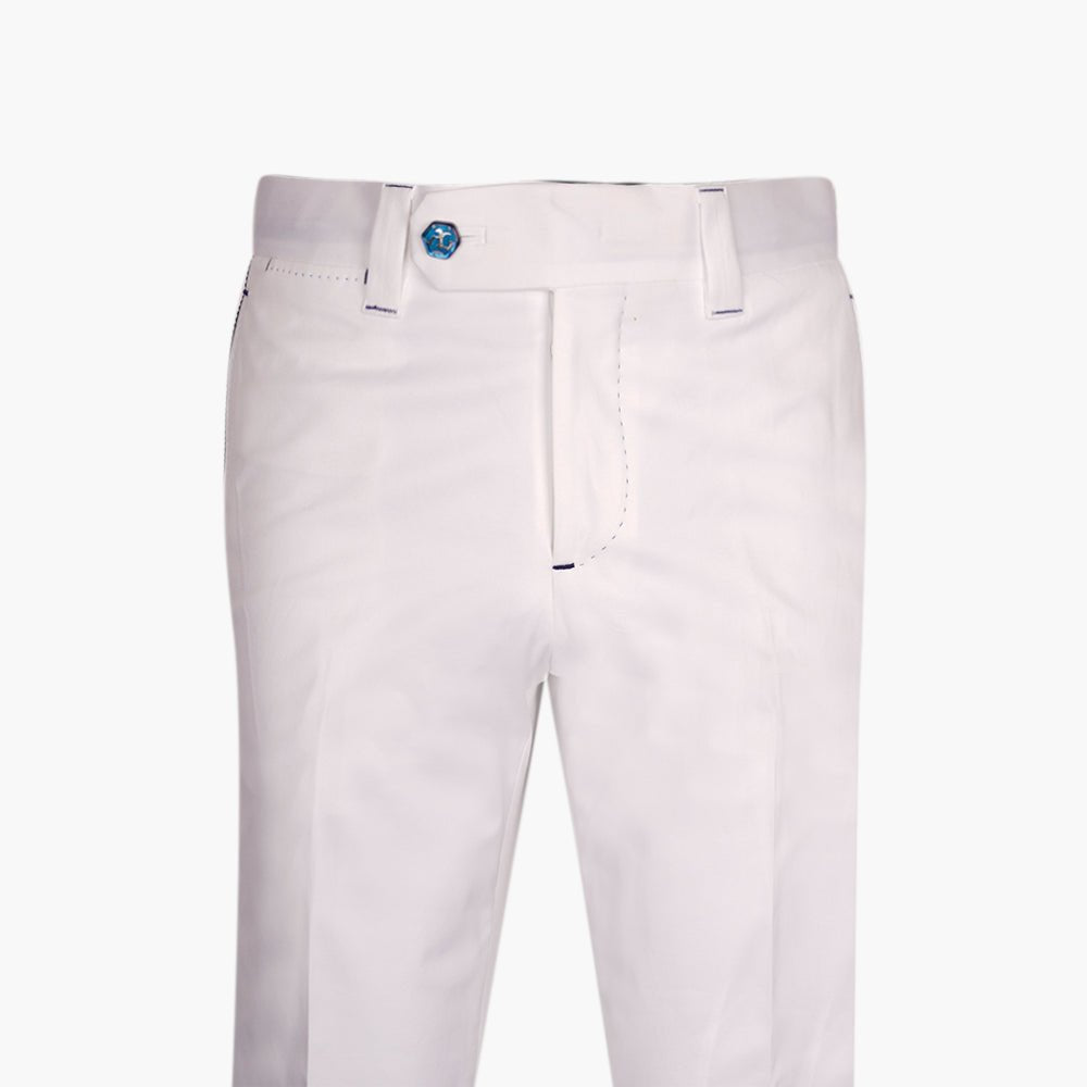 White & Navy Alloro Piping Trousers - Angelo Galasso - Luxury Italian Menswear London