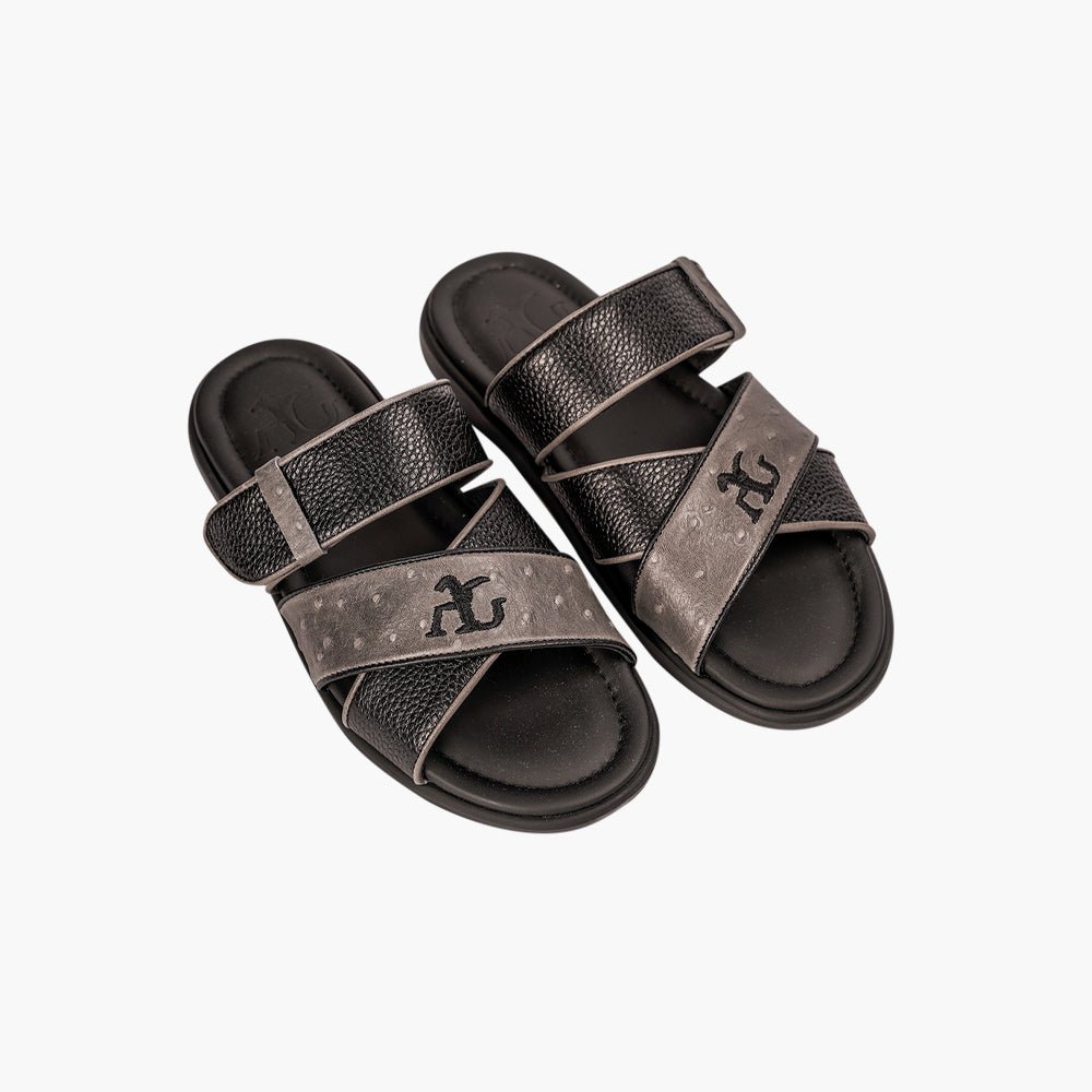 Grey & Black AG Cross-Strap Slide Sandal - Angelo Galasso - Luxury Italian Menswear London