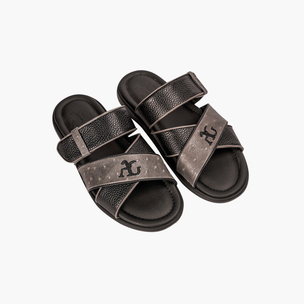 Grey & Black AG Cross-Strap Slide Sandal