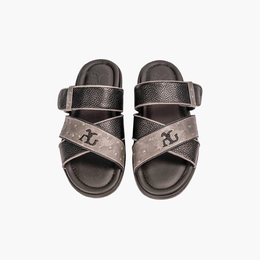 Grey & Black AG Cross-Strap Slide Sandal