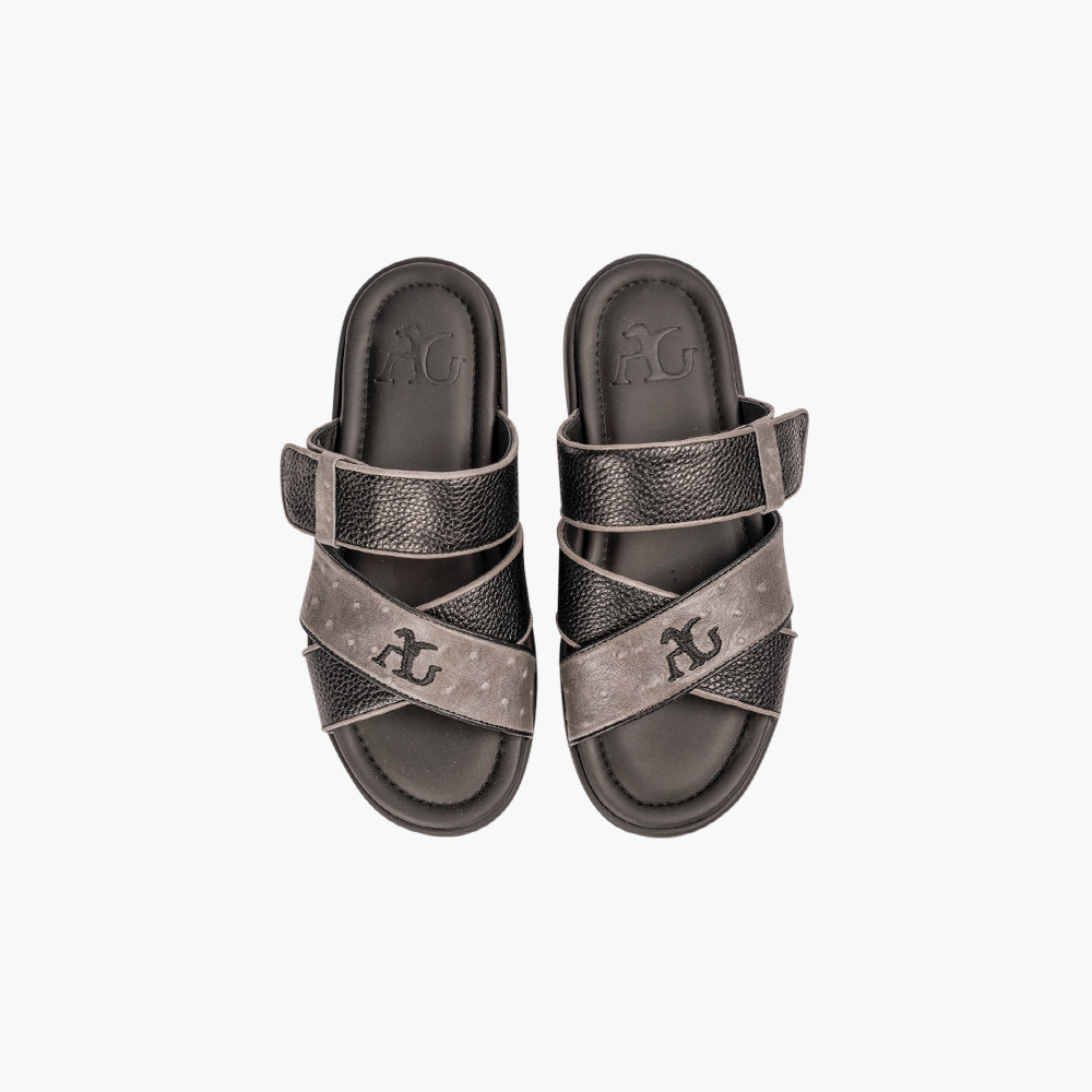 Grey & Black AG Cross-Strap Slide Sandal