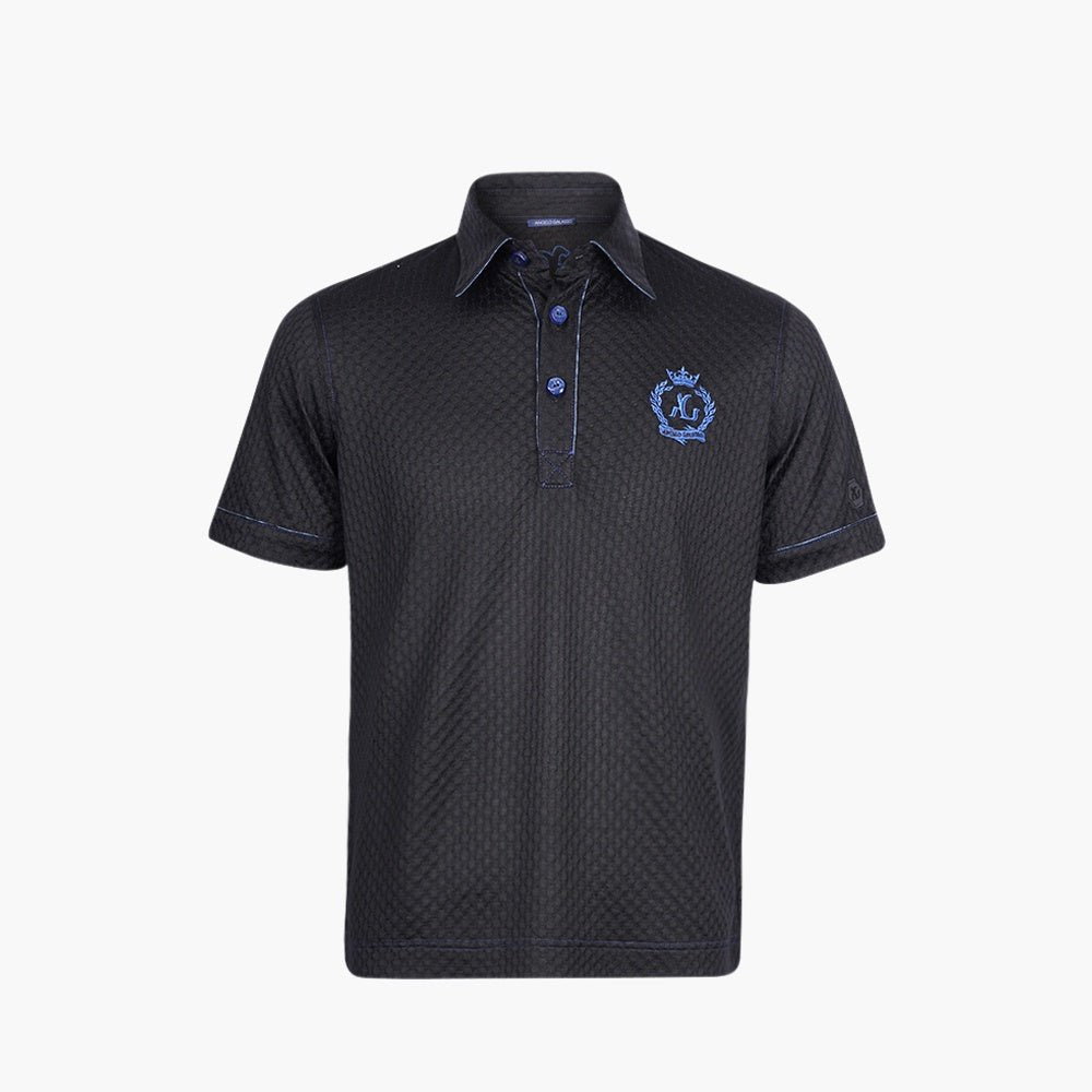 Black & Metallic Blue Jacquard Alloro Silk Polo - Angelo Galasso - Luxury Italian Menswear London