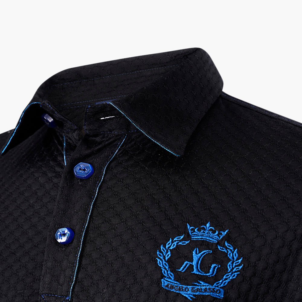 Black & Metallic Blue Jacquard Alloro Silk Polo - Angelo Galasso - Luxury Italian Menswear London