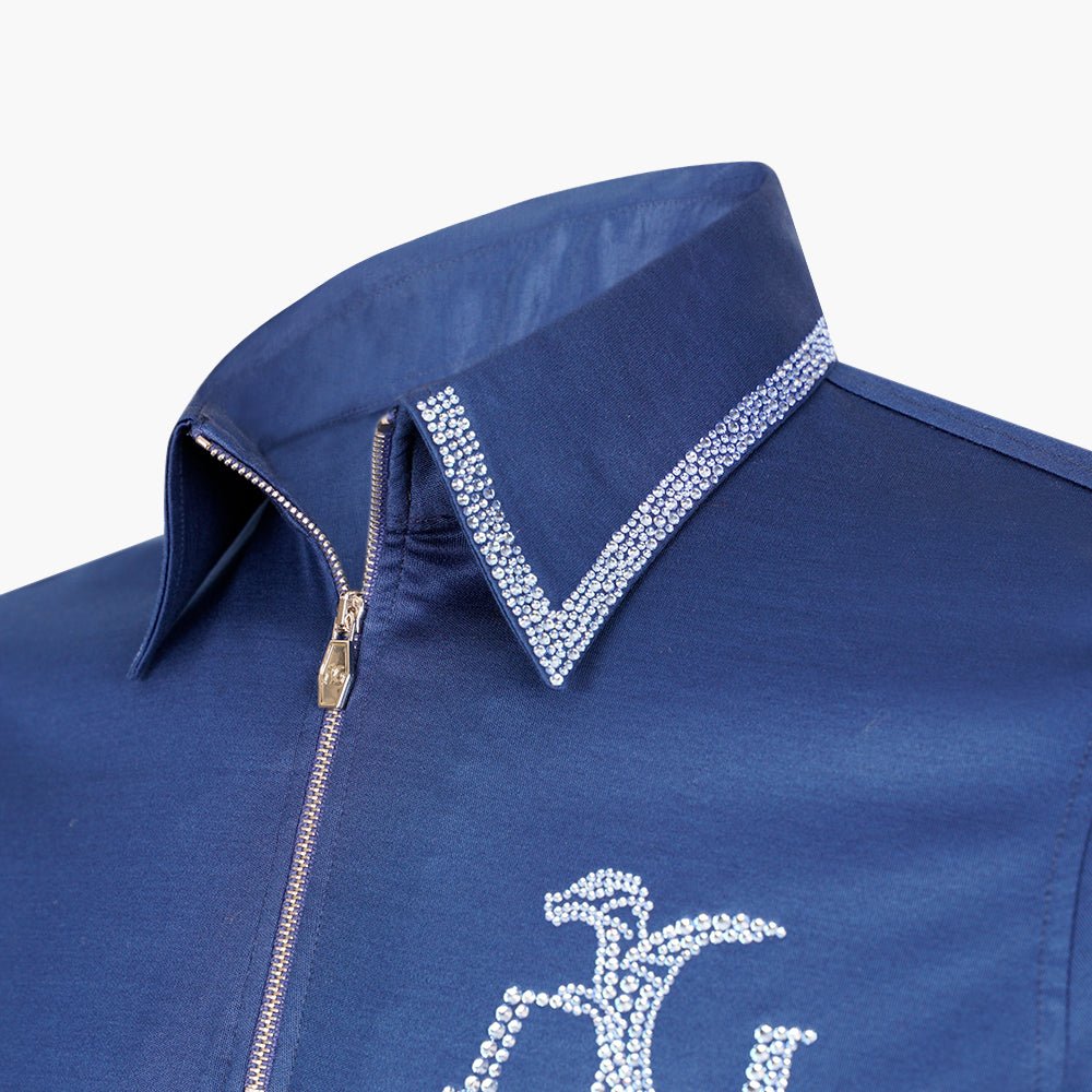 Dark Blue Polo with Light Sapphire Crystals - Angelo Galasso - Luxury Italian Menswear London