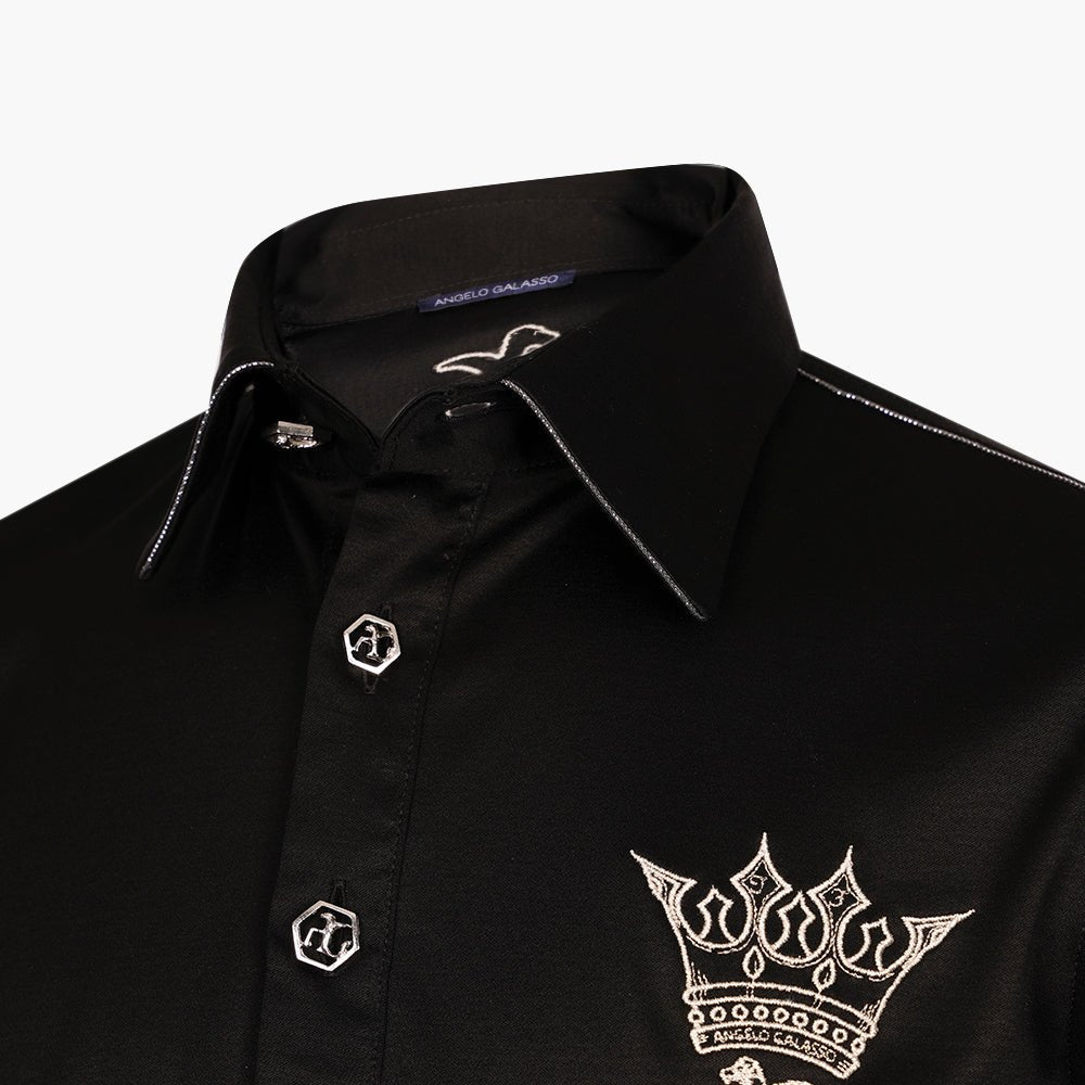 Black & Silver Crown Cotton Polo - Angelo Galasso - Luxury Italian Menswear London