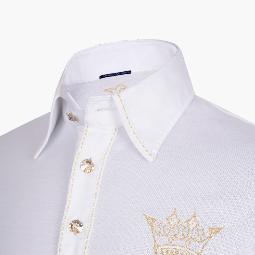 White & Gold Crown Cotton Polo Shirt - Angelo Galasso