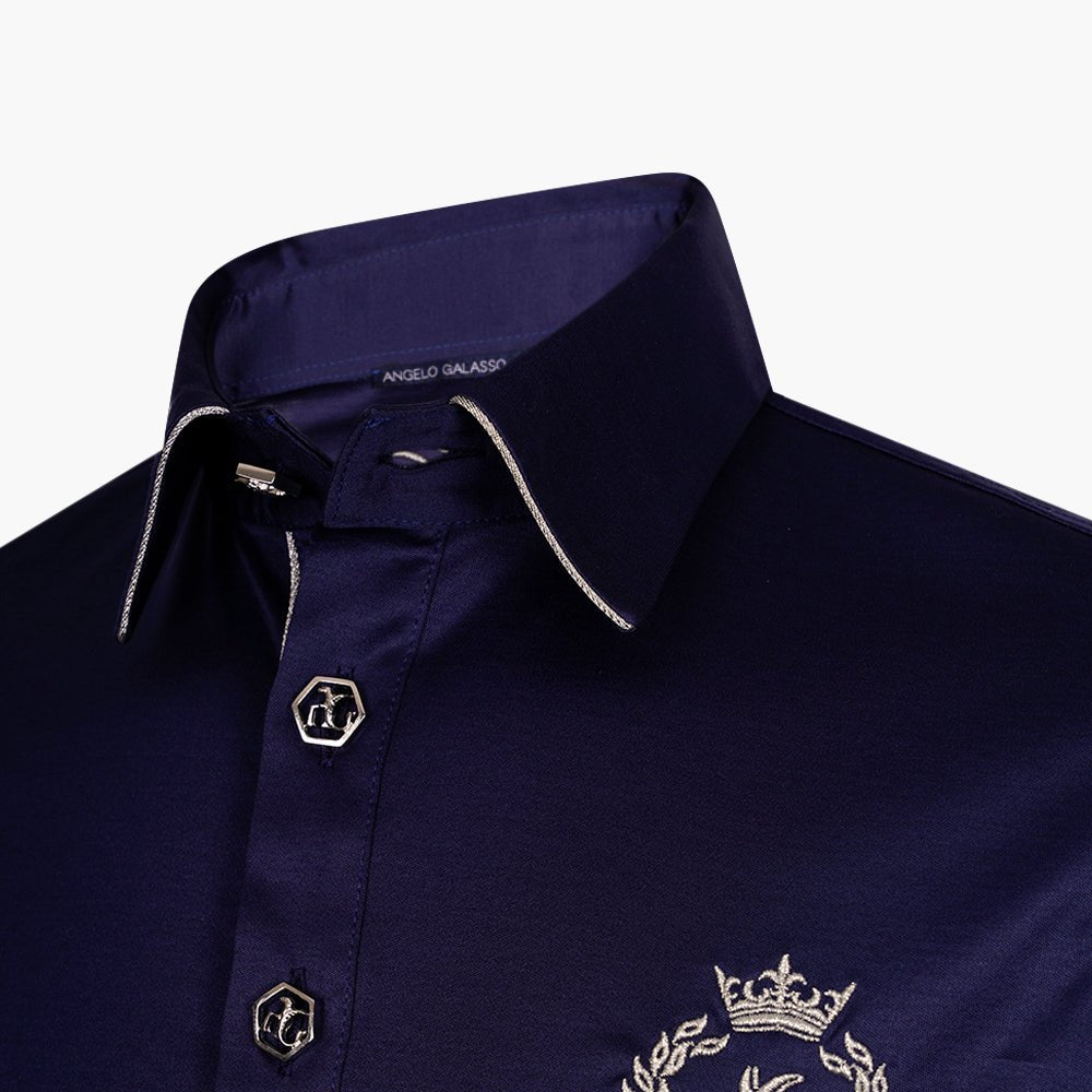 Navy & Silver Polo with Alloro Logo & Piping - Angelo Galasso - Luxury Italian Menswear London