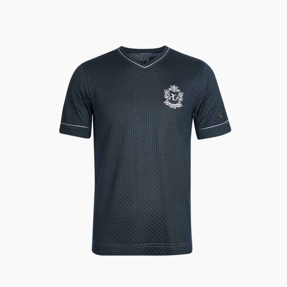 Forest Green Silk Jacquard V-Neck T-Shirt - Angelo Galasso
