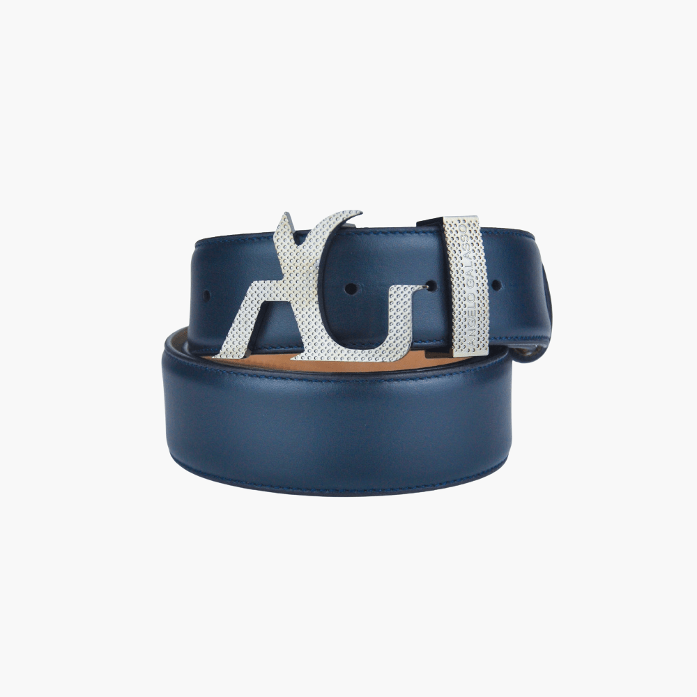 Blue Calfskin Belts with AG Buckle - Angelo Galasso - Luxury Italian Menswear London