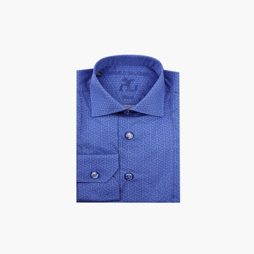 Blue Cotton Diamond AG Print Italia Shirt - Angelo Galasso - Luxury Italian Menswear London