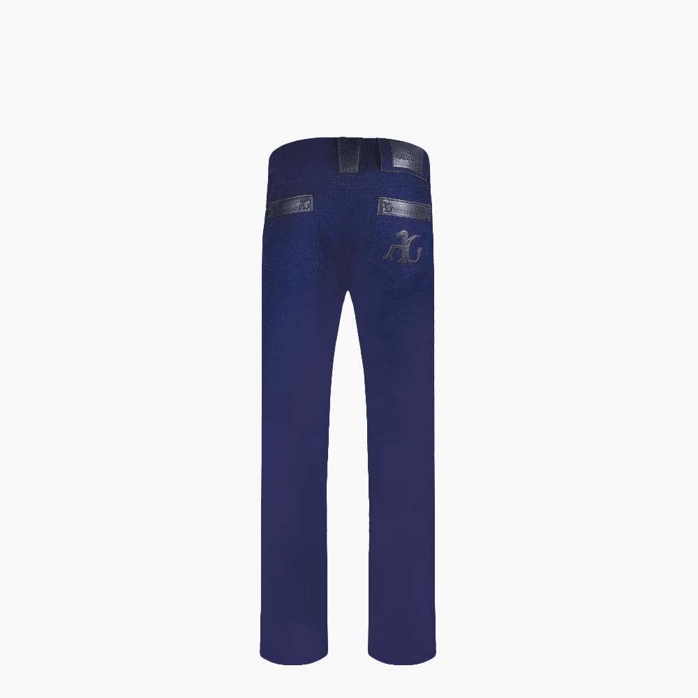 Blue Stretch Woven Jeans with Leather Inserts - Angelo Galasso - Luxury Italian Menswear London
