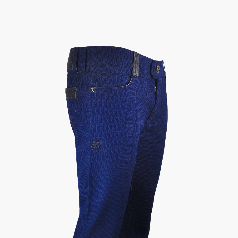 Blue Stretch Woven Jeans with Leather Inserts - Angelo Galasso - Luxury Italian Menswear London