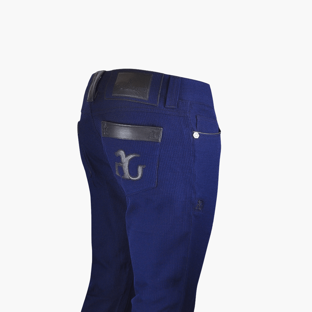 Blue Stretch Woven Jeans with Leather Inserts - Angelo Galasso - Luxury Italian Menswear London