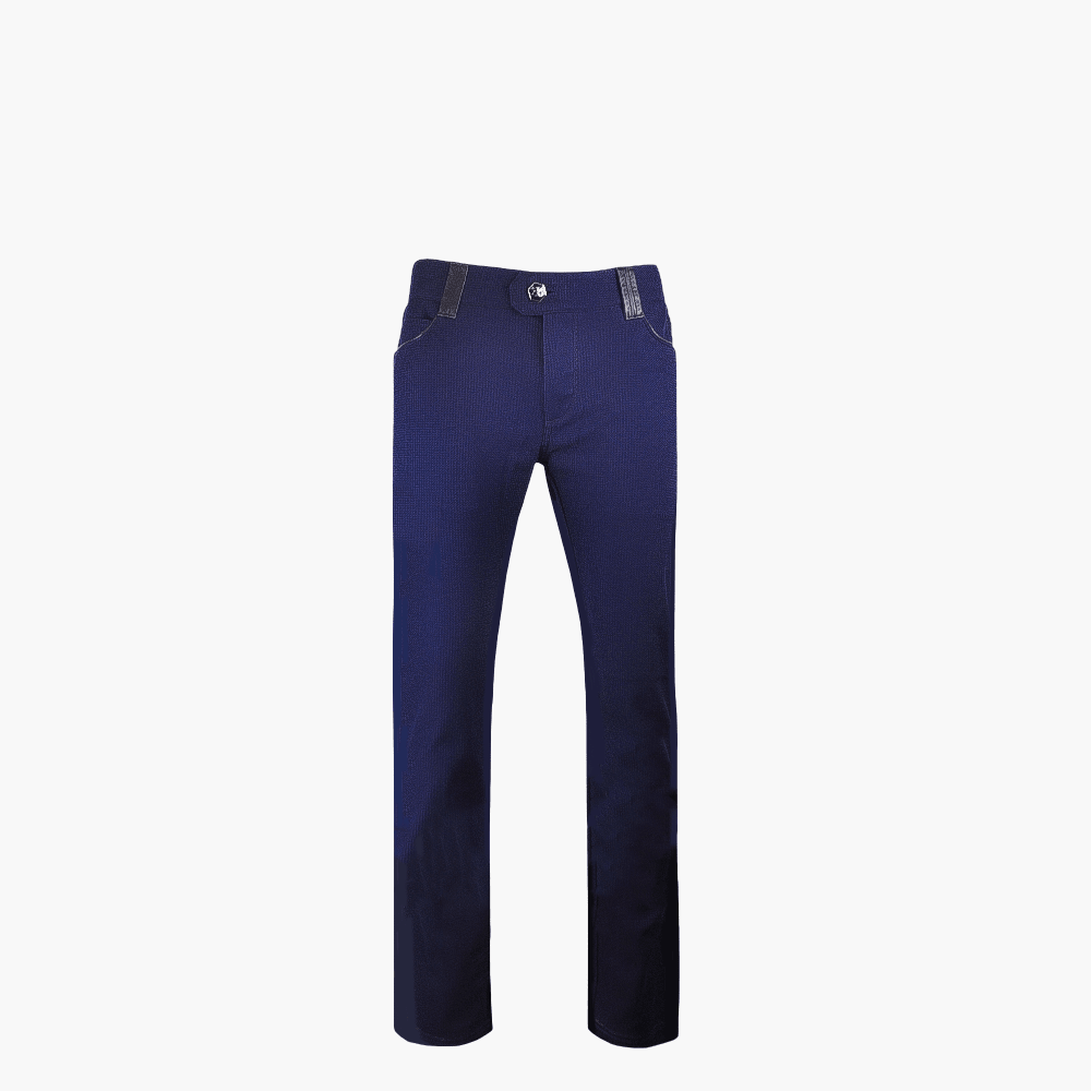 Blue Stretch Woven Jeans with Leather Inserts - Angelo Galasso - Luxury Italian Menswear London