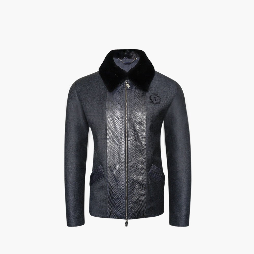 Blue Navy Python & Wool Jacket with Mink Fur - Angelo Galasso - Luxury Italian Menswear London