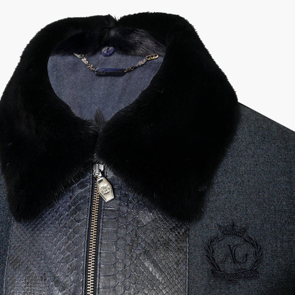 Blue Navy Python & Wool Jacket with Mink Fur - Angelo Galasso - Luxury Italian Menswear London